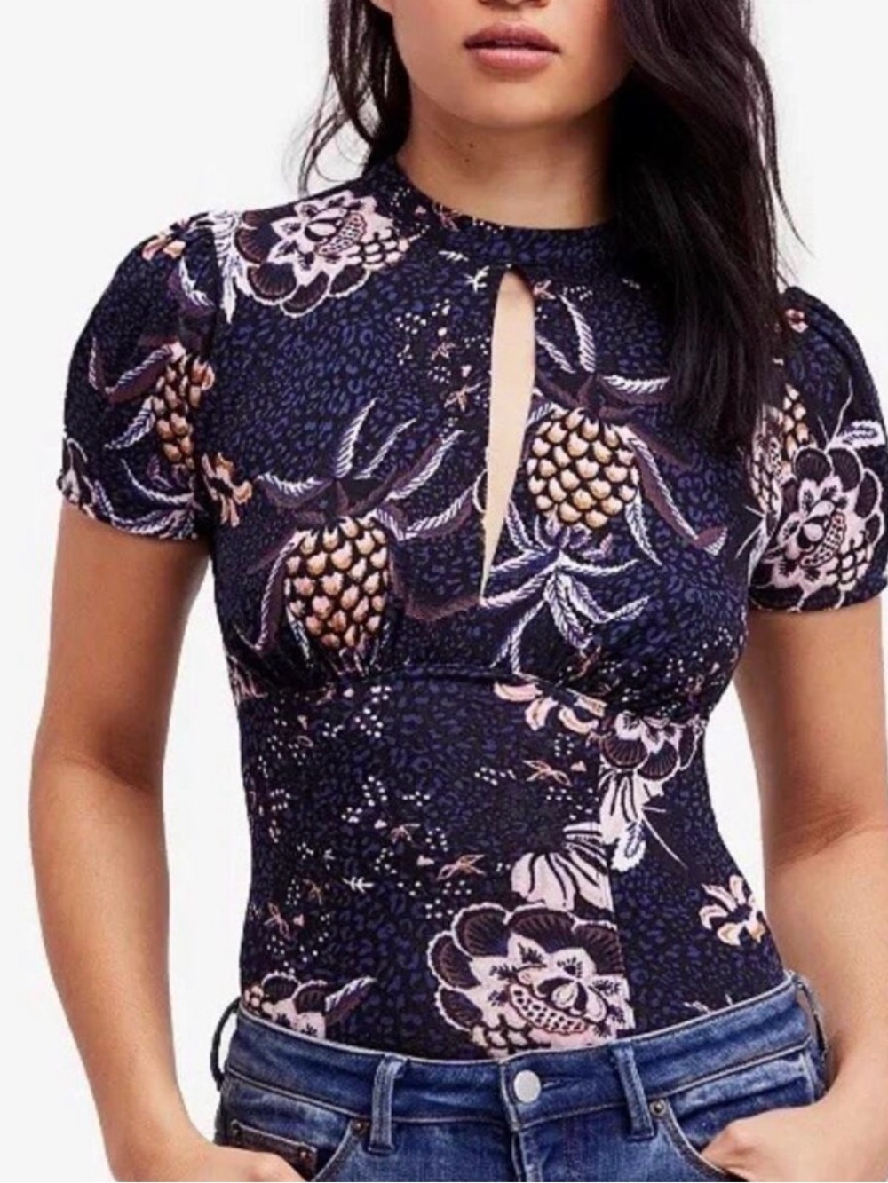 Free People Floral Keyhole Short Sleeve Top in Navy and Blush
